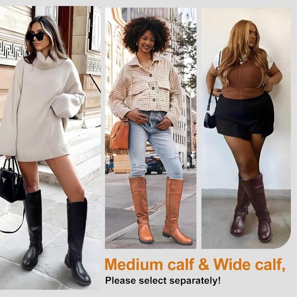 Women Black Knee High Riding Boots with Buckle and Zipper, Wide Calf, Size 8 - Picture 2 of 9